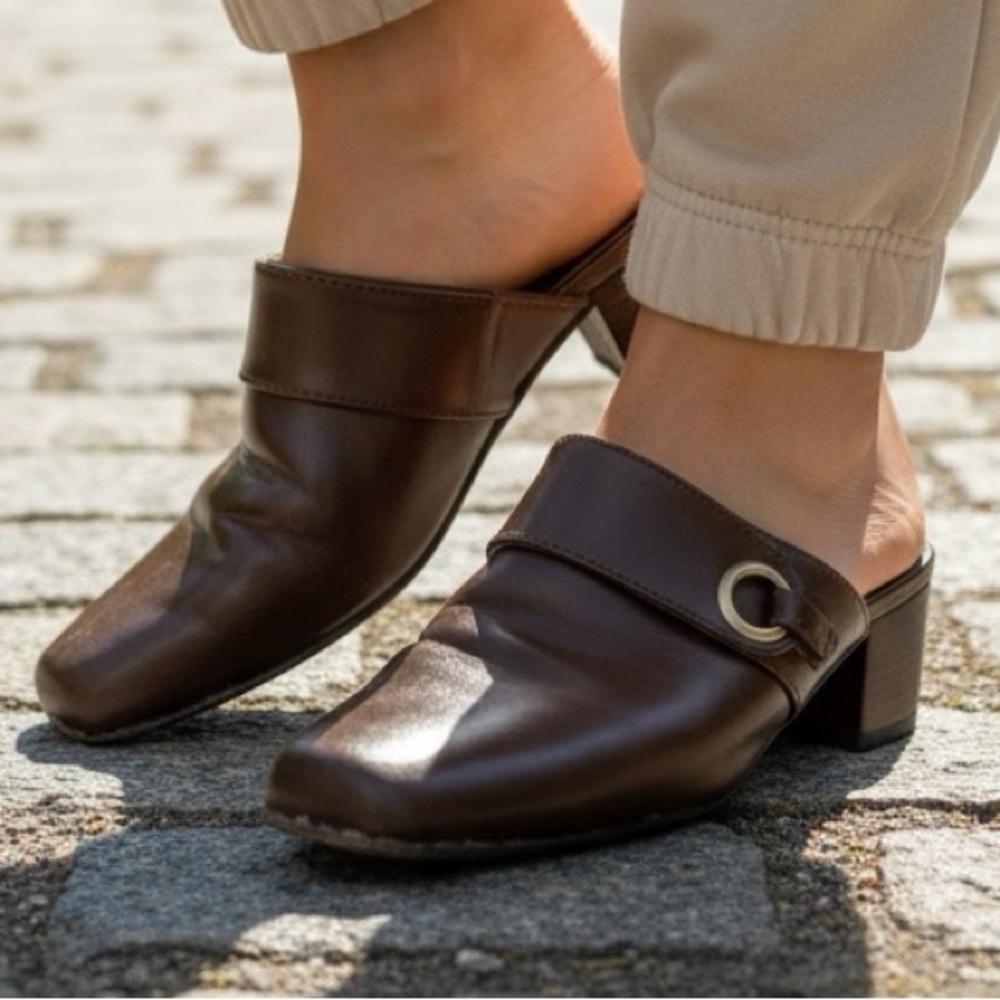 Kate Ann brown mules with buckle 3” Block Heel. Size 7.5M
